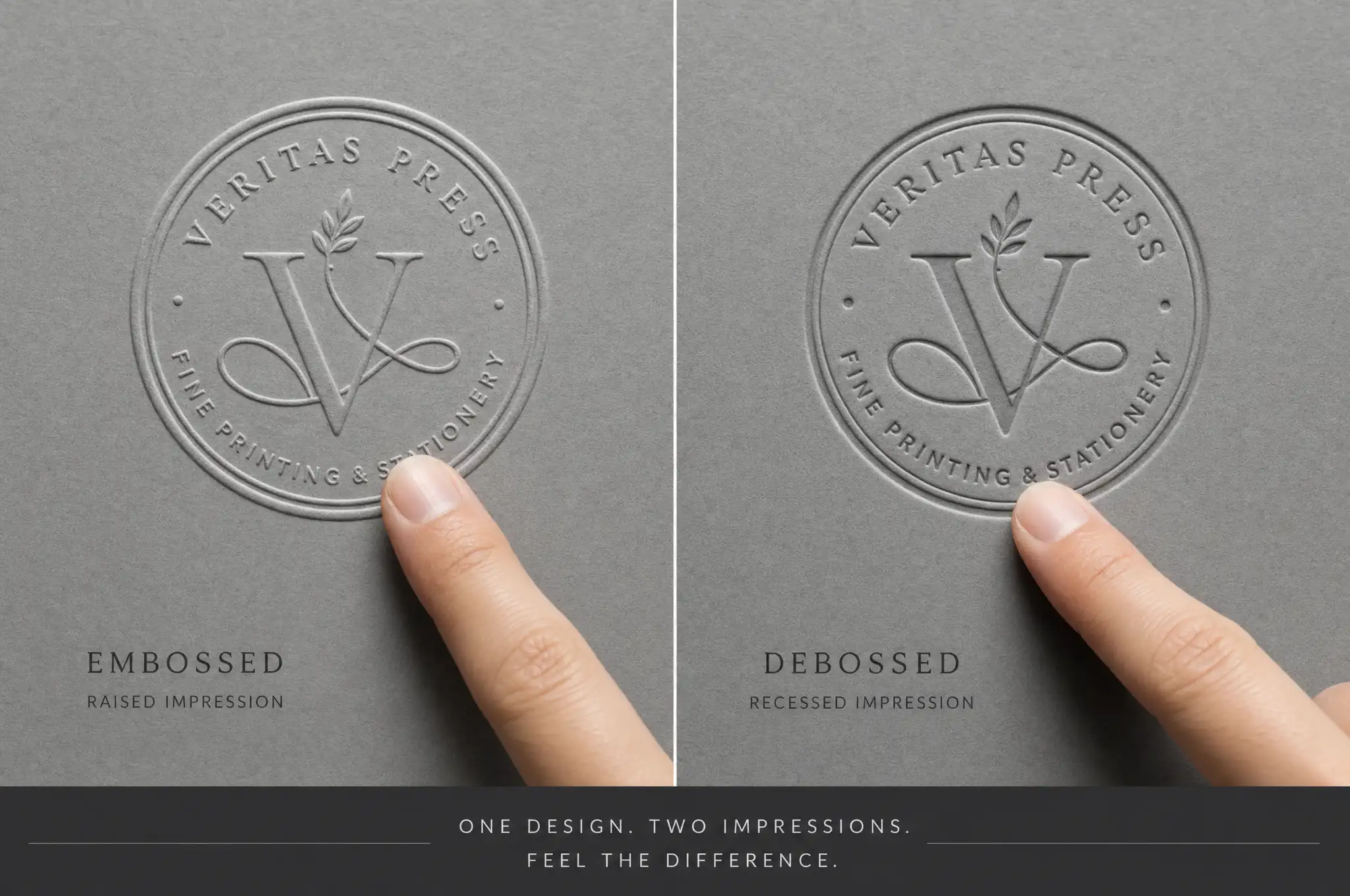 Side-by-side comparison showing embossed raised surface versus debossed recessed surface on paper stock