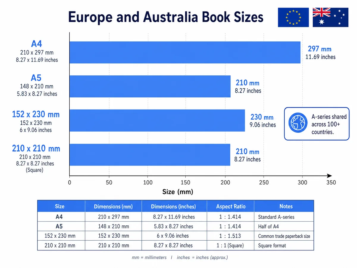 European and Australian book size comparison showing A4, A5 and popular intermediate sizes