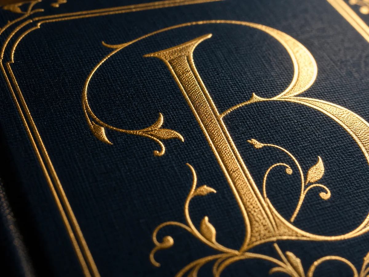 Close-up of gold foil stamping on textured linen paper book cover showing raised metallic effect against fabric-like surface