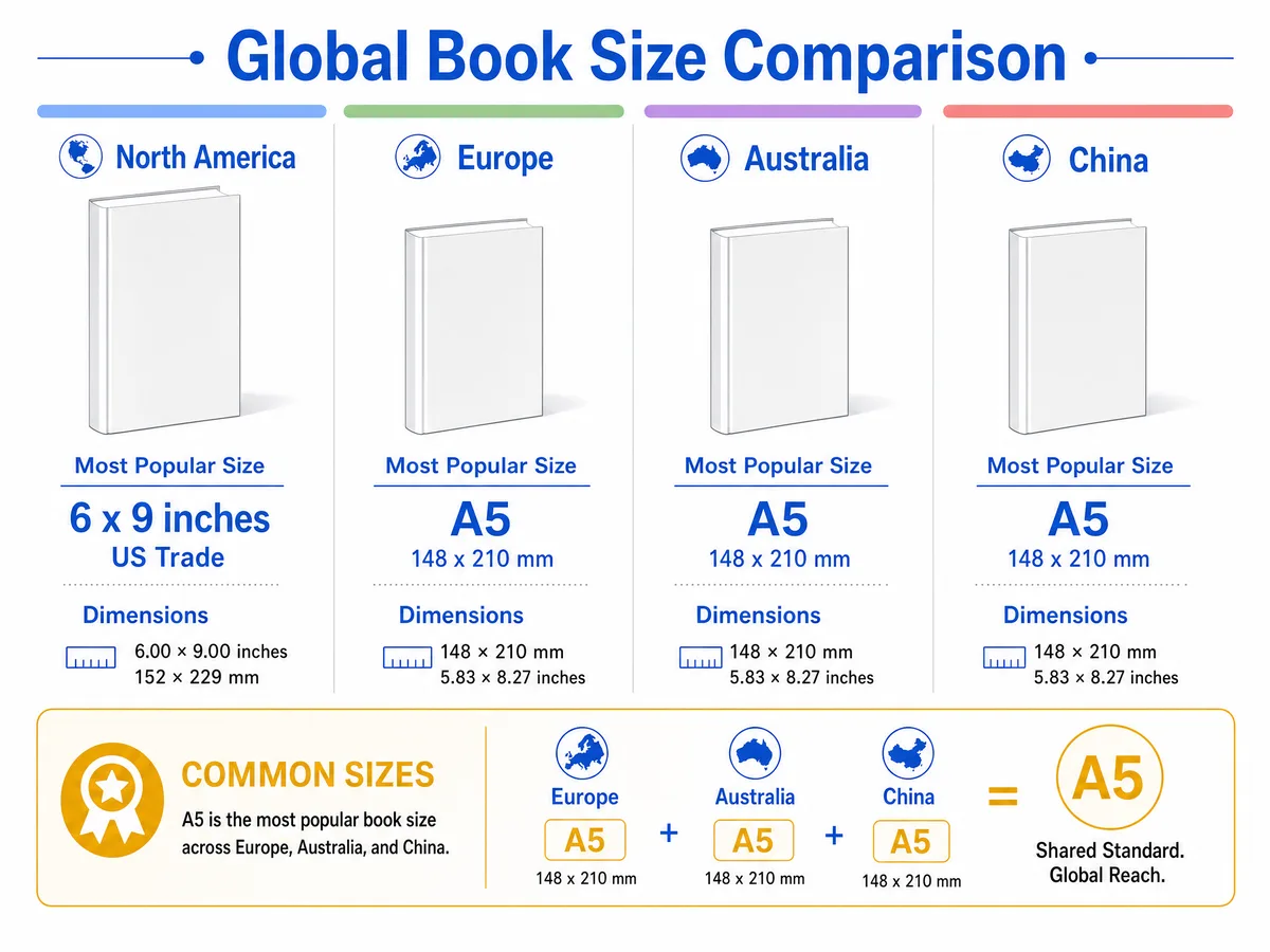 Side-by-side global book size comparison chart showing North American, European, Australian and Chinese standards