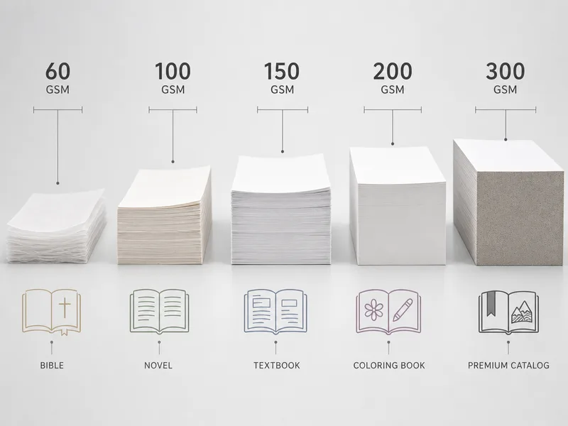 Visual thickness comparison chart showing offset paper weights from 60 gsm to 300 gsm