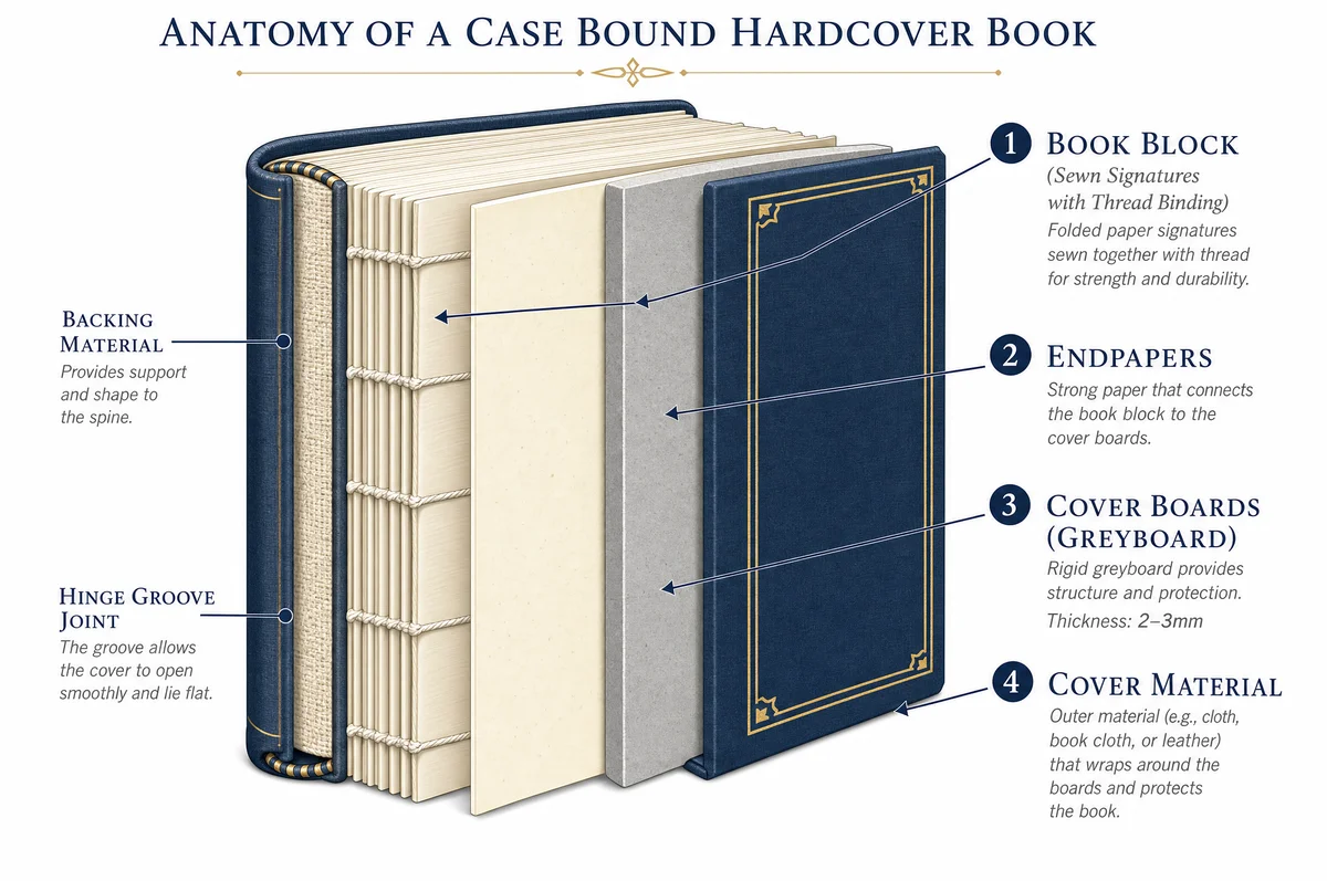 Cross-sectional anatomy diagram of a case bound book showing book block, endpapers, cover boards, and spine layers