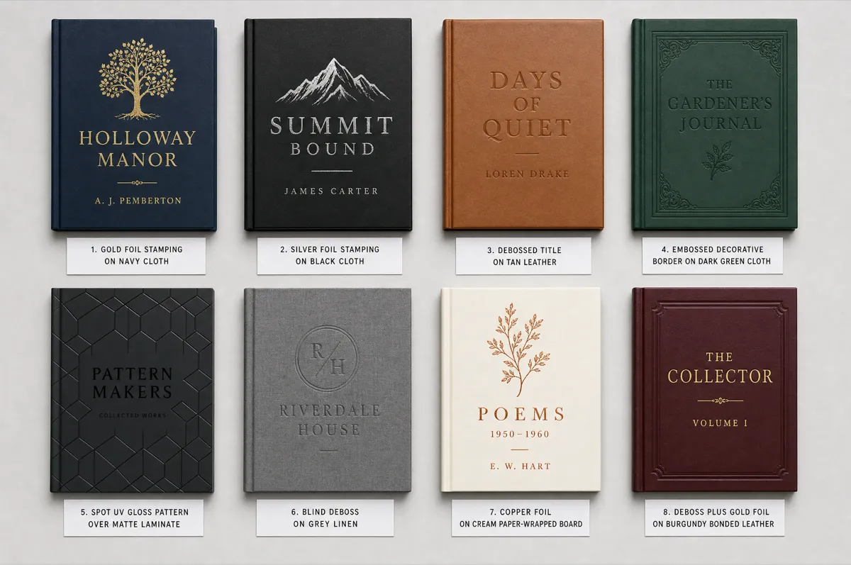Eight hardcover finishing samples showing foil stamping, debossing, spot UV, and embossing techniques