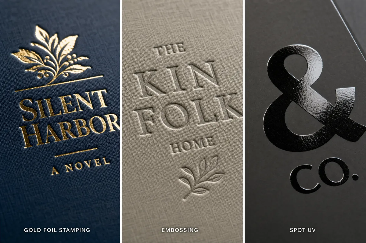 Macro close-up comparing foil stamping, embossing, and spot UV gloss on hardcover cover materials