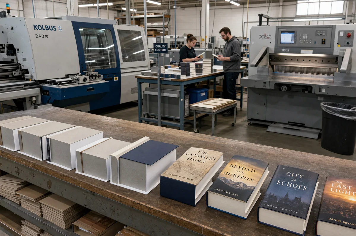 Hardcover book bindery production floor with case bound books at various manufacturing stages