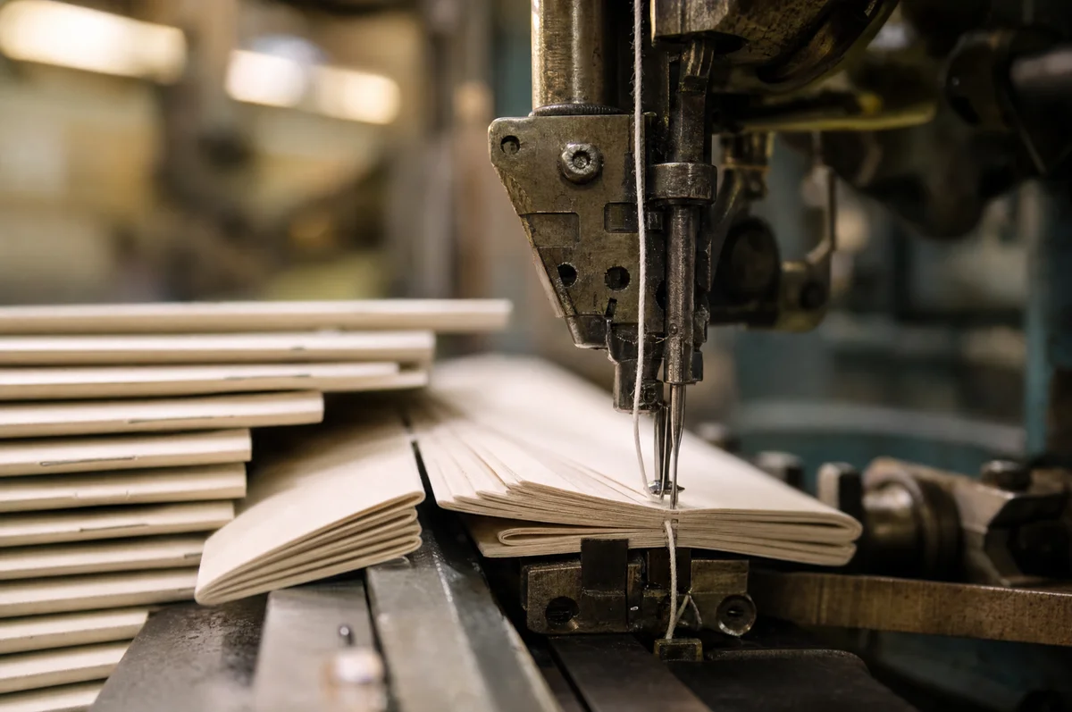 Thread-sewing machine needle assembly stitching signatures in a commercial bindery