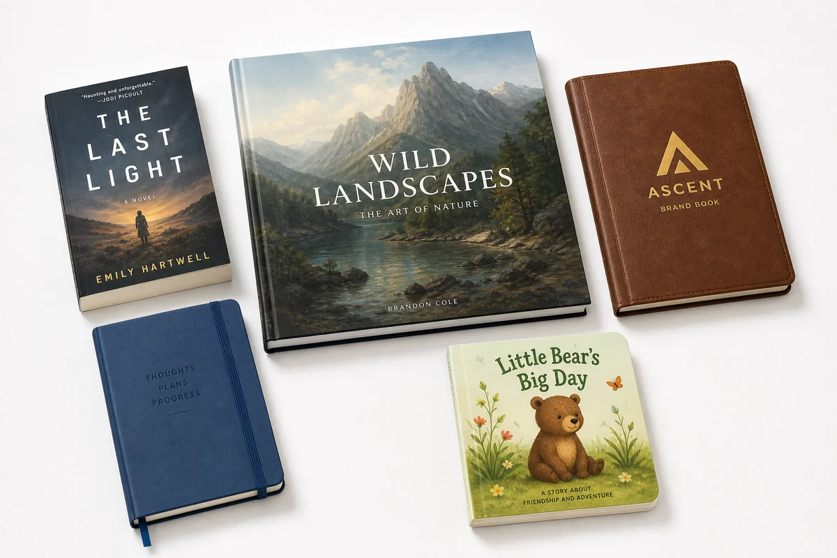 Collection of different book types including novels art books corporate books and childrens books