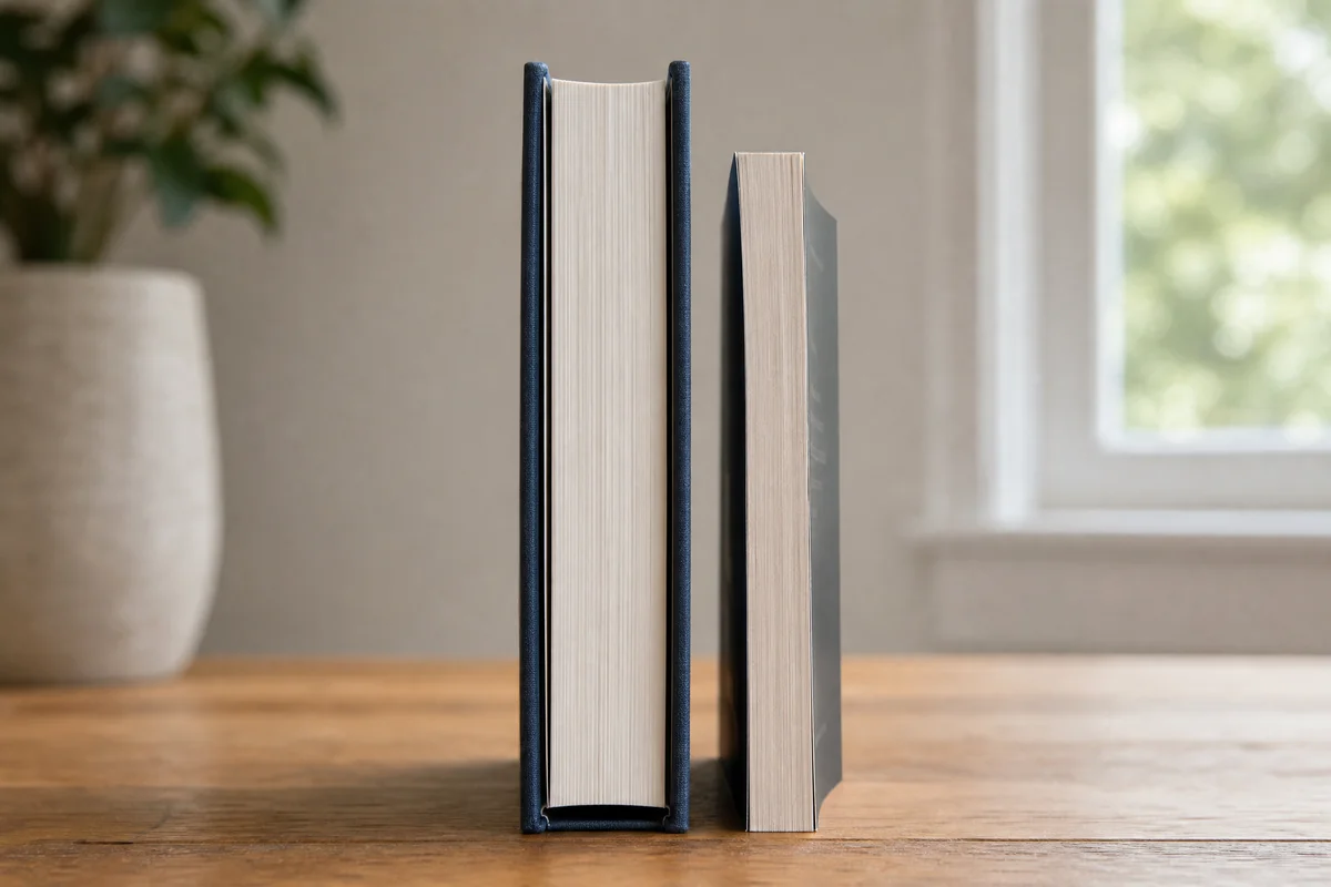 Hardcover book and softcover book side by side showing cover material and binding differences