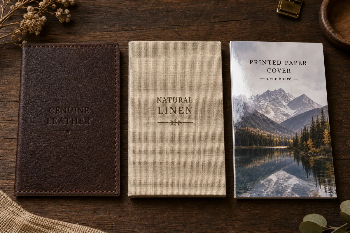 Different book cover materials including leather linen and paper over board examples