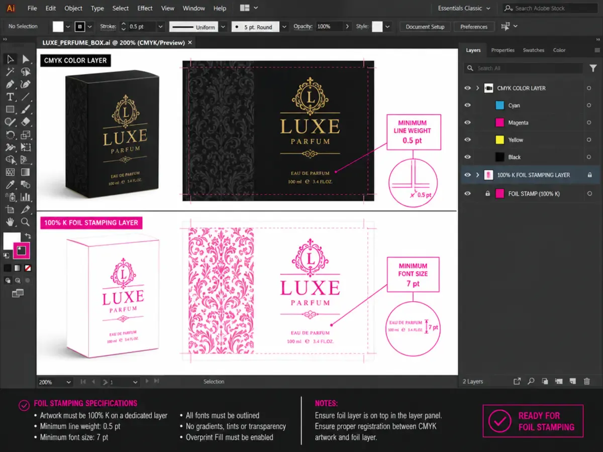 Vector artwork preparation for foil stamping showing separate foil layer and minimum line weight specifications