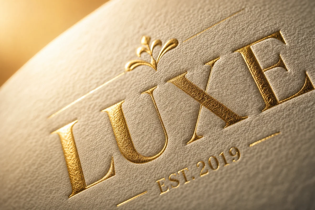 Close-up of gold hot foil stamping on textured paper showing raised metallic impression