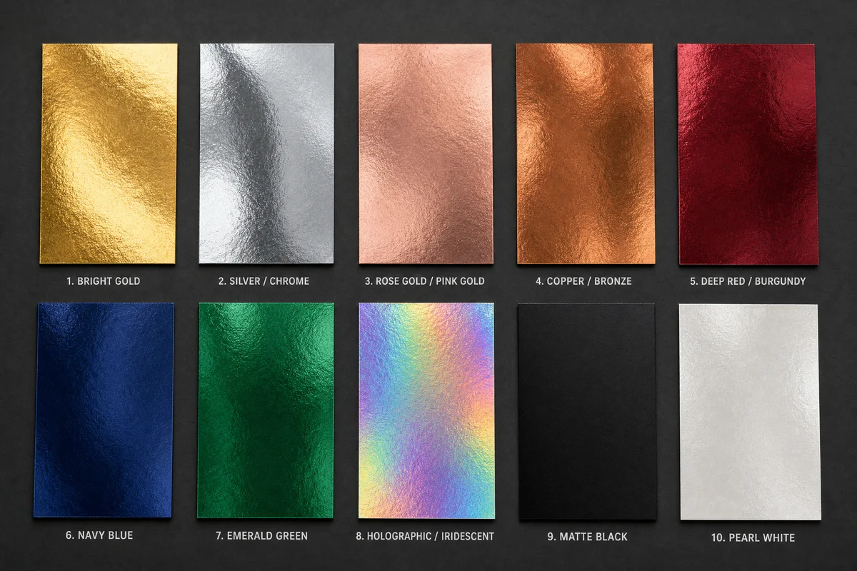 Array of hot stamping foil color swatches including gold, silver, red, blue, green, holographic, and rose gold