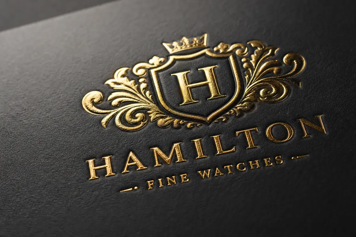 Close-up of gold foil stamping combined with embossing on a premium book cover, showing raised 3D effect