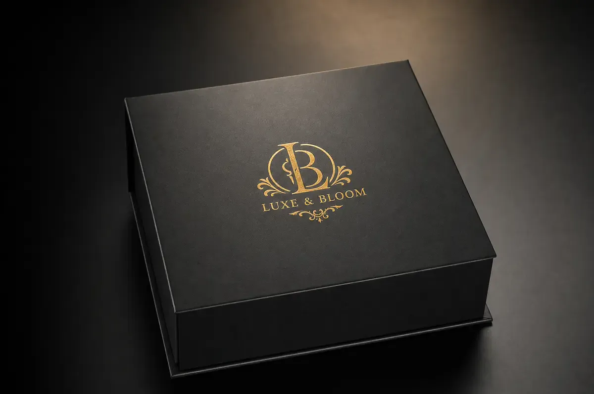 Premium rigid gift box with gold hot foil stamped logo on a matte black surface