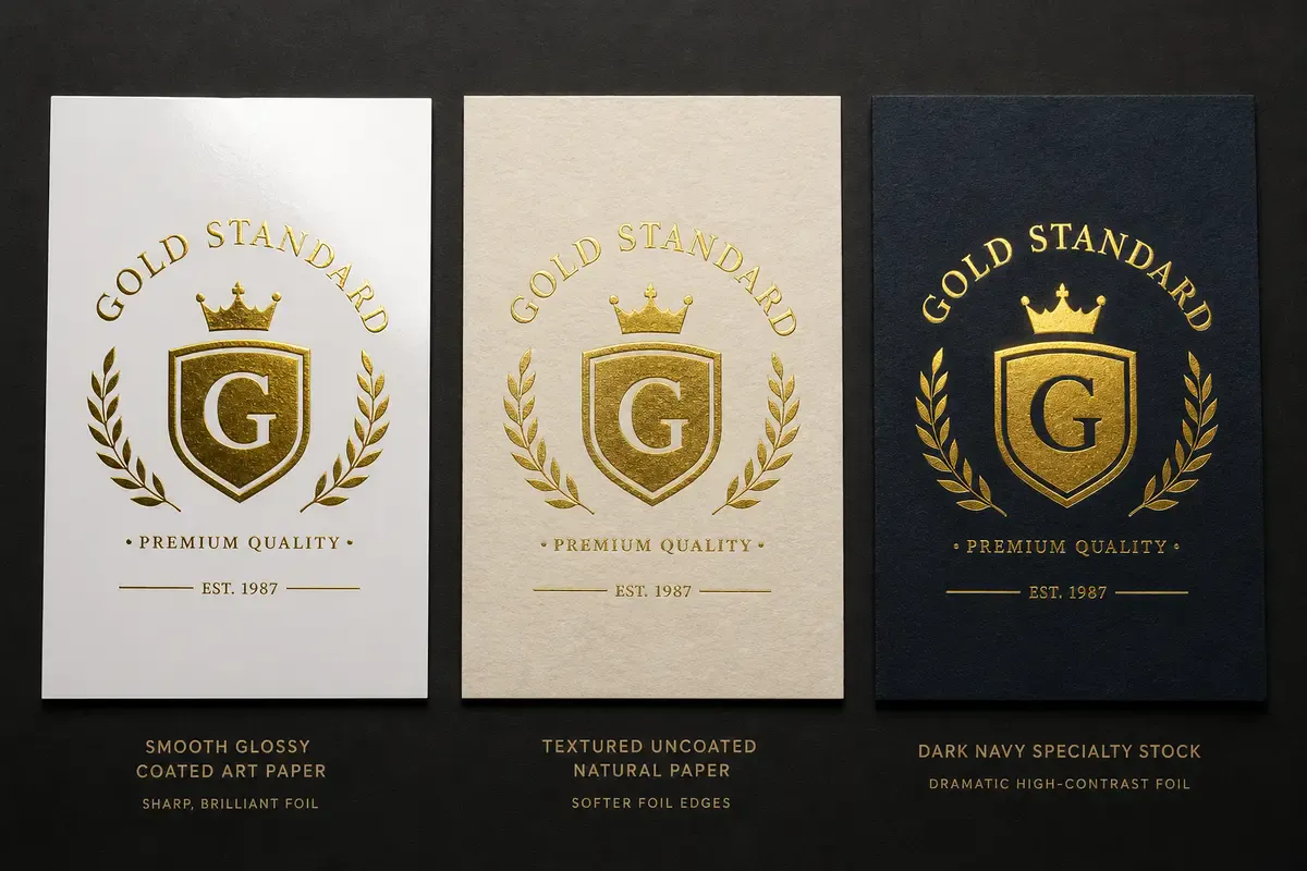 Various paper stock samples with hot foil stamping showing results on coated, uncoated, and textured surfaces