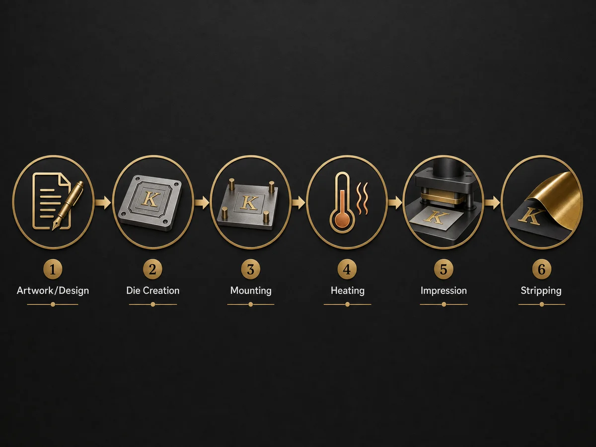Diagram illustrating the 6-step hot foil stamping process from artwork preparation to finished product