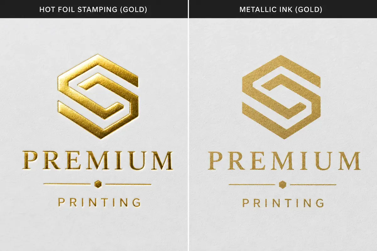 Side-by-side comparison showing hot foil stamping on the left and metallic ink printing on the right