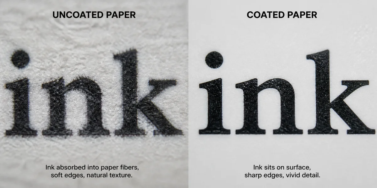 Close-up comparison showing ink absorption on uncoated offset paper vs coated paper