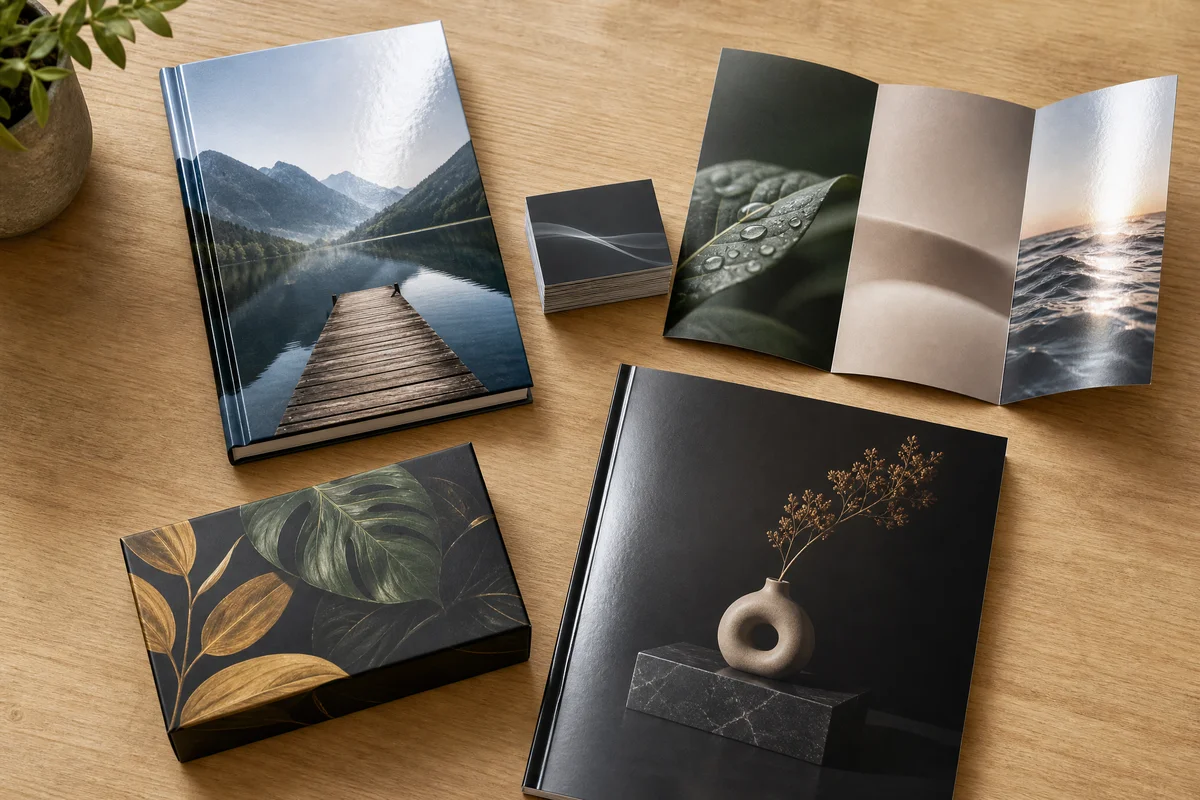 Collection of laminated print products including books, business cards, brochures, and packaging boxes