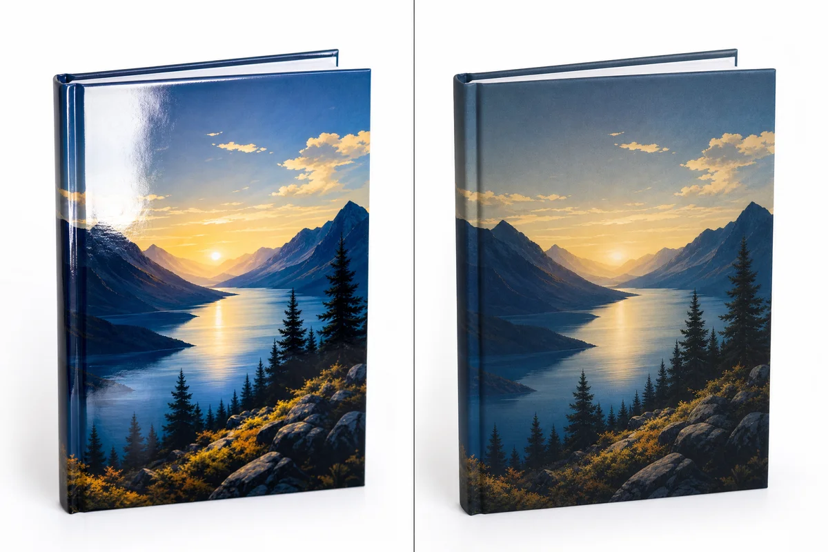 Side-by-side comparison of glossy laminated cover versus matte laminated cover on identical book designs