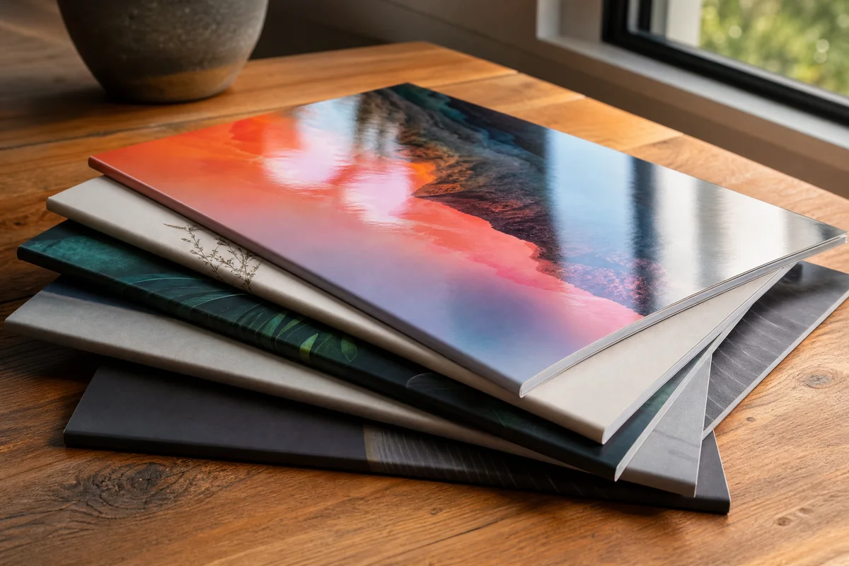 Stack of laminated book covers showing glossy and matte finish comparison