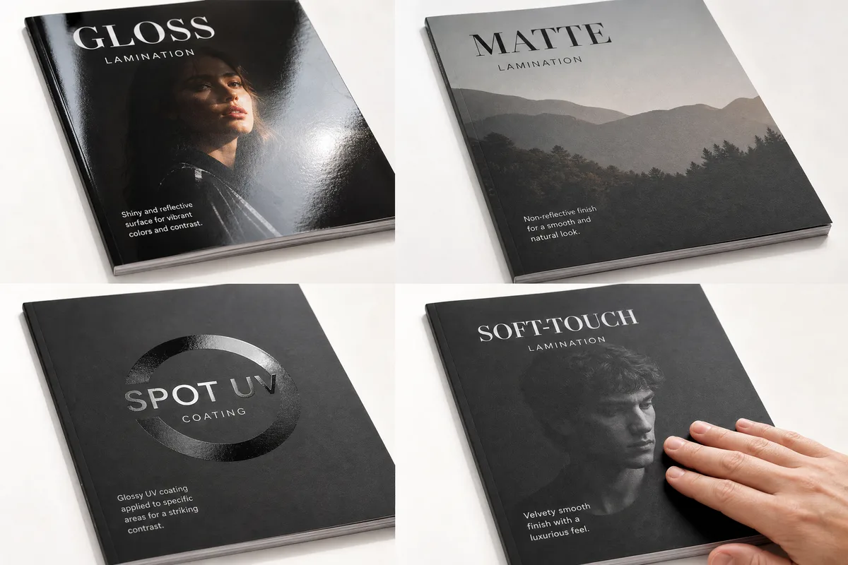 Comparison of print finishing options: gloss lamination, matte lamination, UV spot coating, and soft-touch