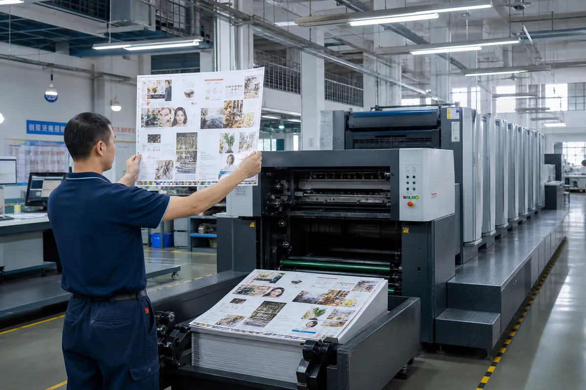 CMYK offset printing press running magazine pages in a Chinese factory