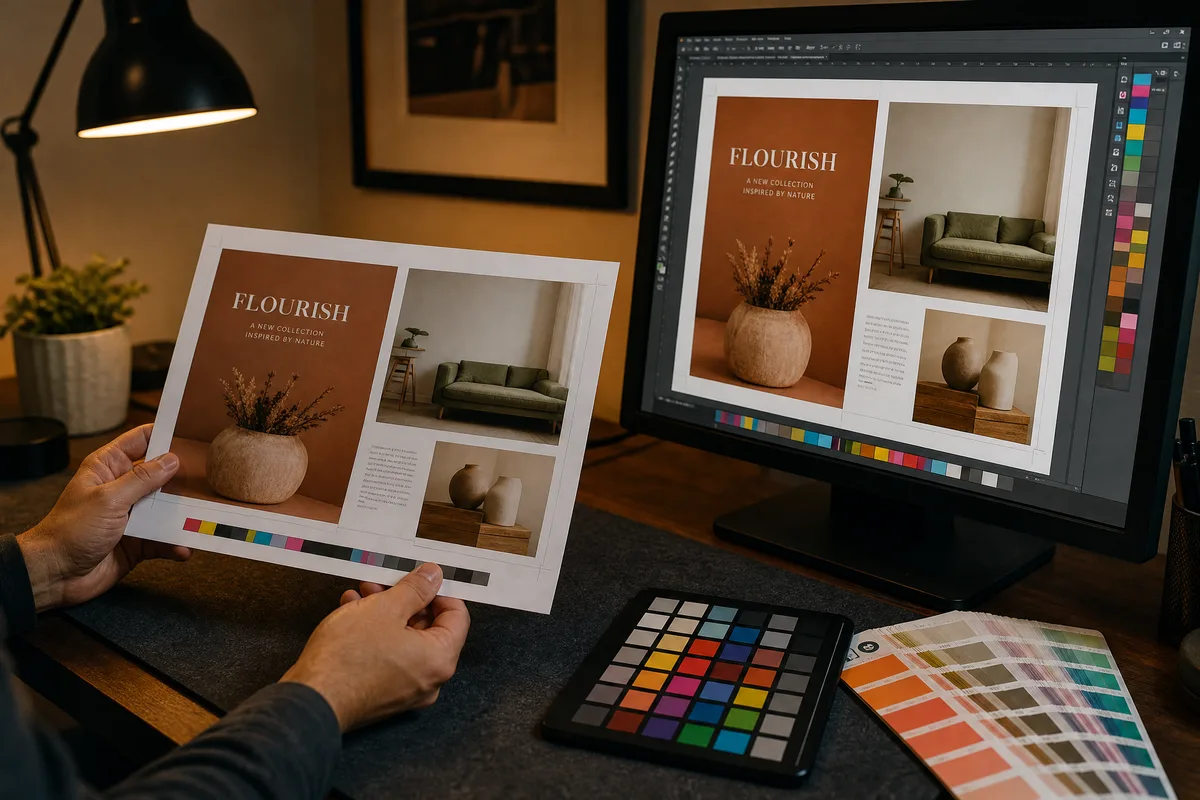 Designer reviewing a printed proof with color calibration tools