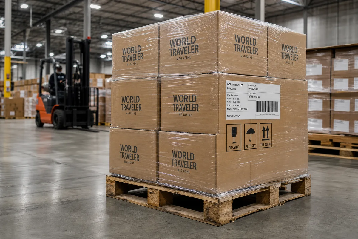 Pallet of printed magazines being prepared for international shipping from China
