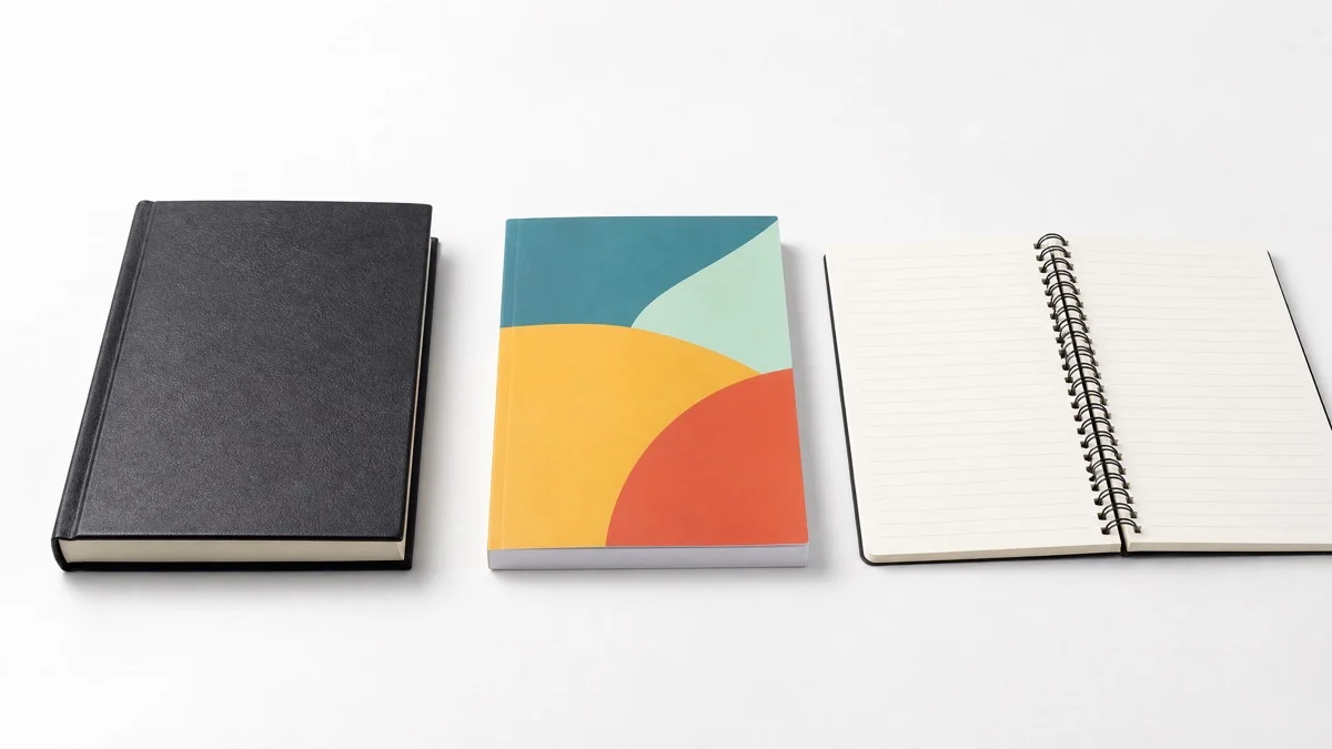 Comparison chart of three notebook binding types — hardcover, softcover, and spiral — showing durability, cost, lay-flat ability, and best use cases