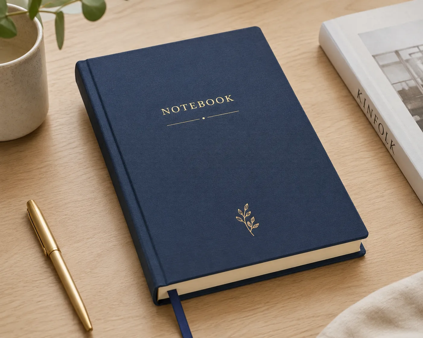Premium hardcover notebook with leather cover and gold foil logo showing durable case binding for custom corporate gifts