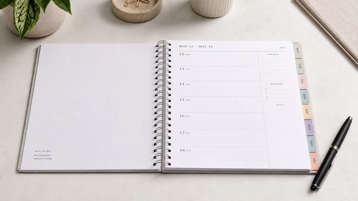 Open spiral-bound planner notebook lying completely flat on a desk showing metal wire-o binding for custom planners and workbooks