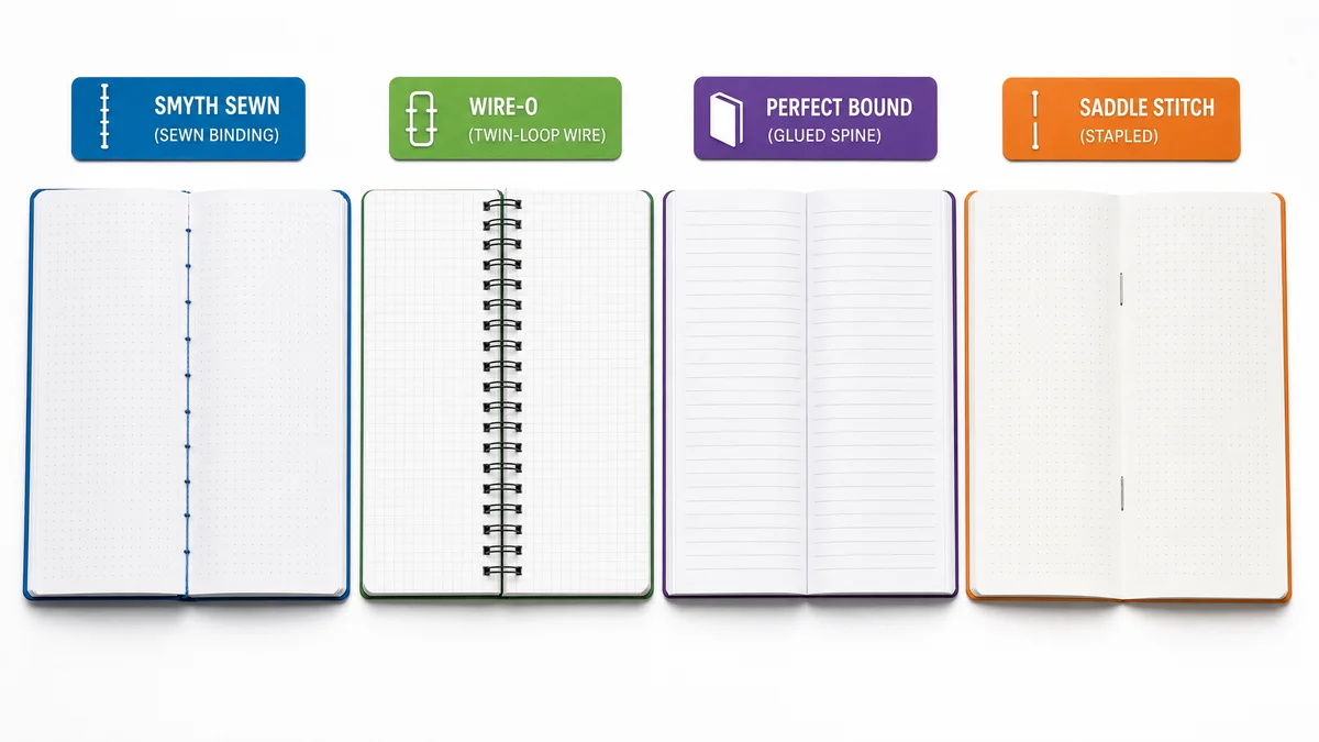 Four notebooks displayed showing different binding methods: smyth sewn, wire-o, perfect bound, and saddle stitch