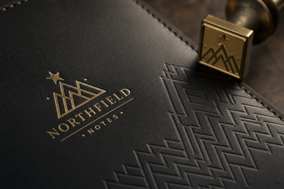 Close-up of gold foil stamping and debossed logo on a dark leather notebook cover