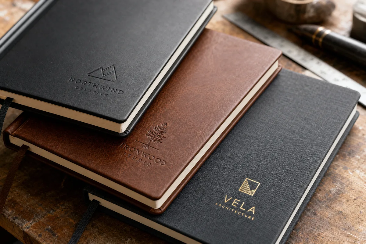 Stack of custom hardcover notebooks with leather covers and foil-stamped logos on a workshop table