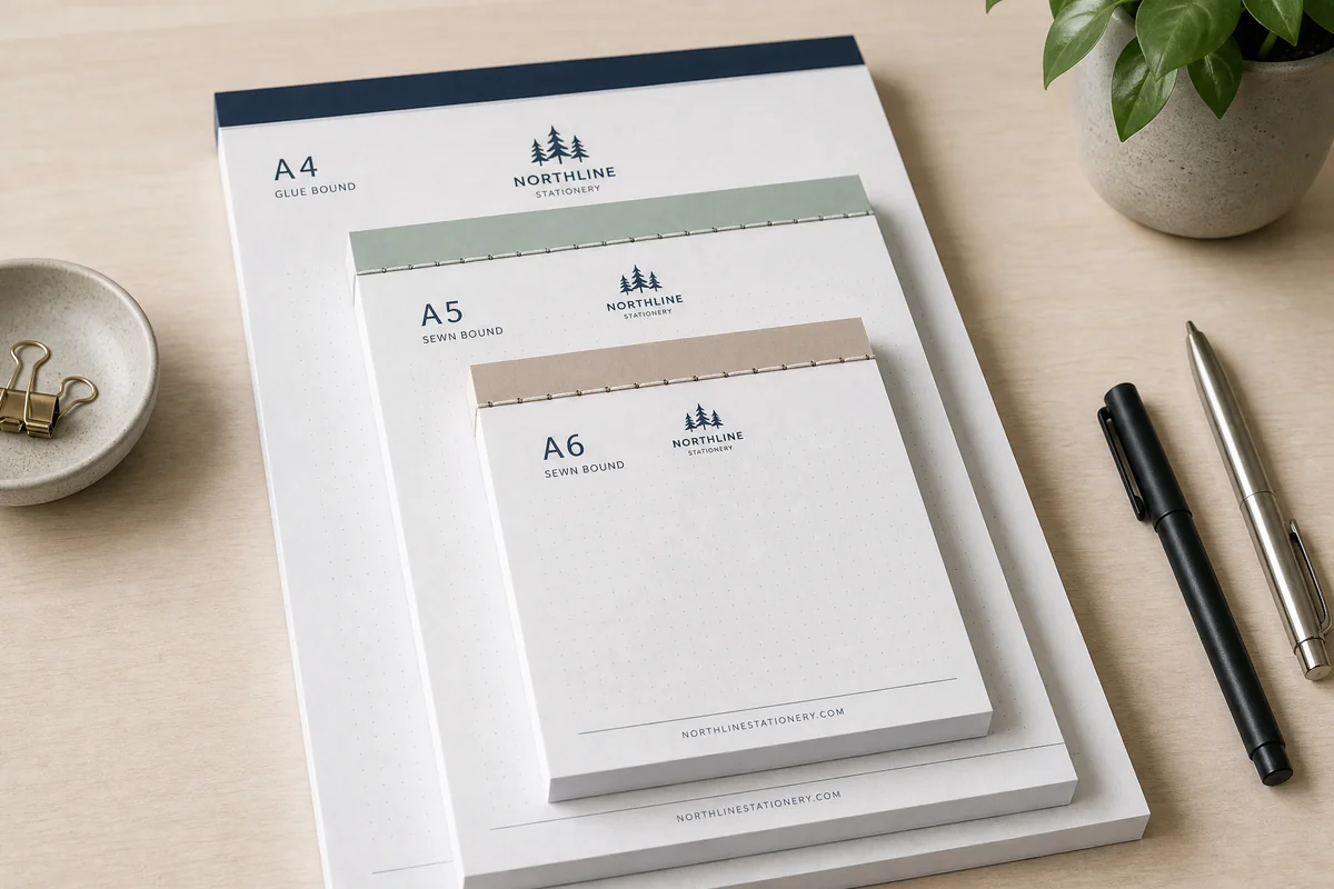 Custom printed notepads in A4, A5, and A6 sizes with glue-bound and sewn binding options