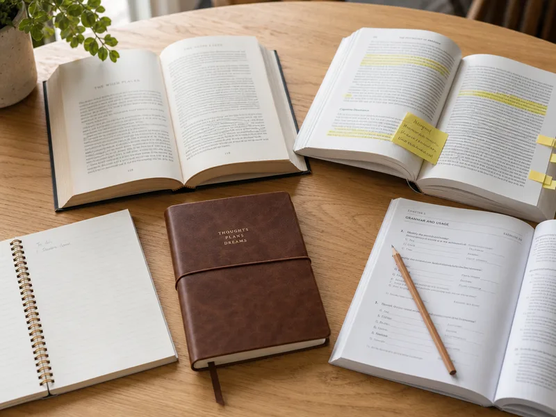 Collage of different book types printed on offset paper: novel, textbook, workbook, journal