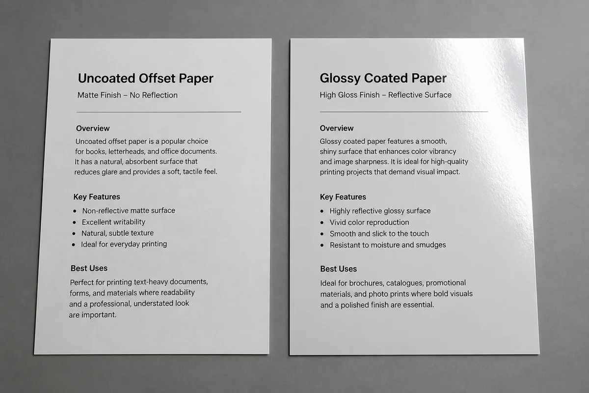 Side-by-side comparison of uncoated offset paper and glossy coated art paper