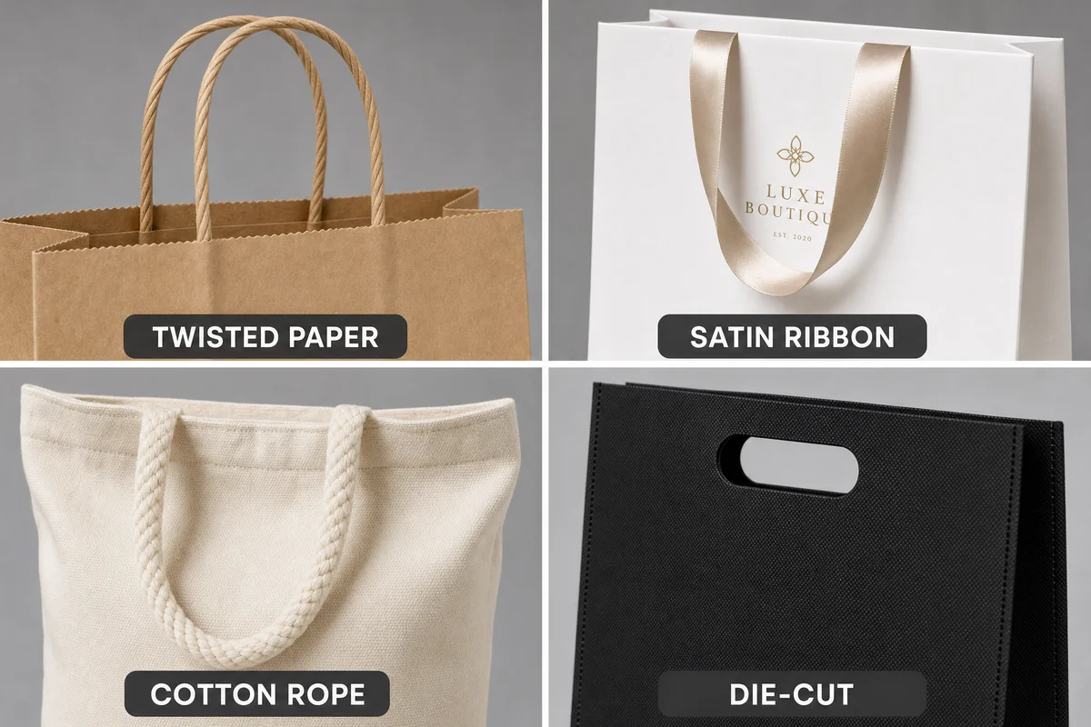 Paper bag handle types — twisted paper, ribbon, cotton rope, and die-cut handles for custom non woven bag printing