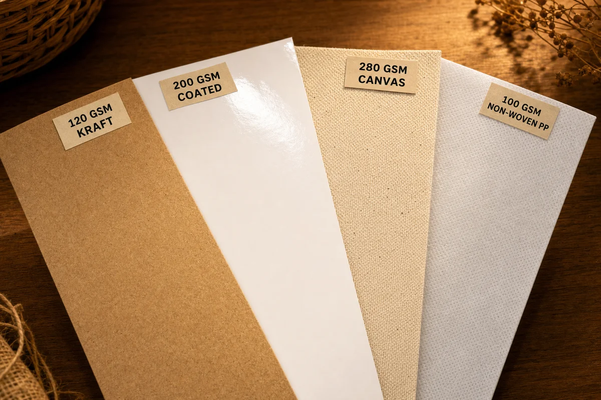 Paper bag printing materials comparison — kraft paper, coated art paper, cotton canvas, and non-woven PP with GSM ratings