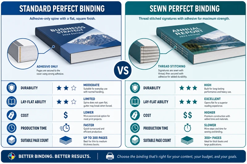 Side by side comparison infographic of standard perfect binding versus sewn perfect binding showing key differences