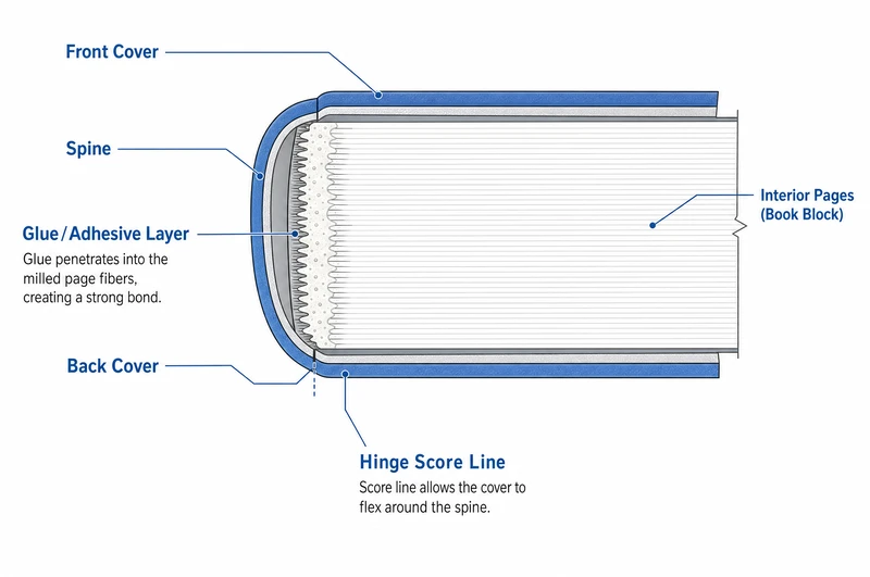 Anatomy of a perfect bound book diagram showing front cover back cover spine glue layer and inner pages