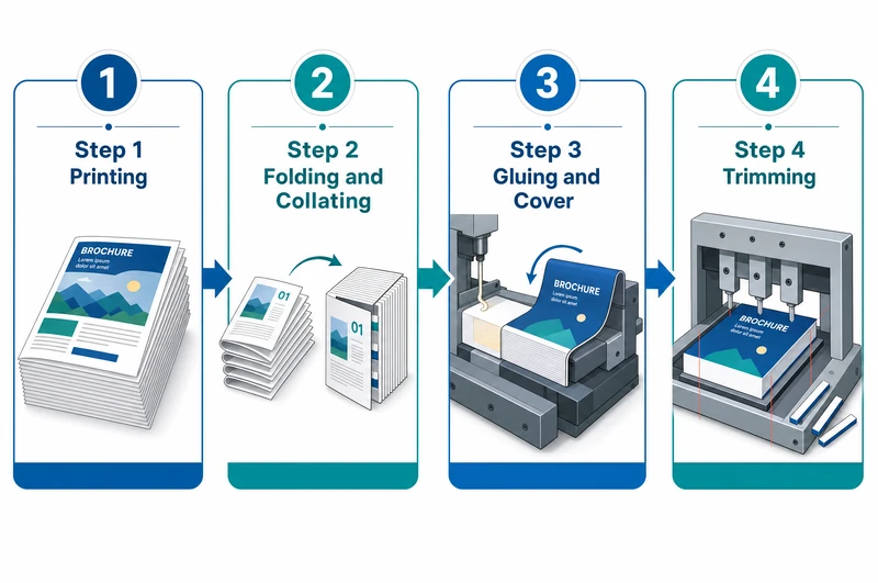 Perfect binding production process infographic showing printing folding gluing and trimming steps