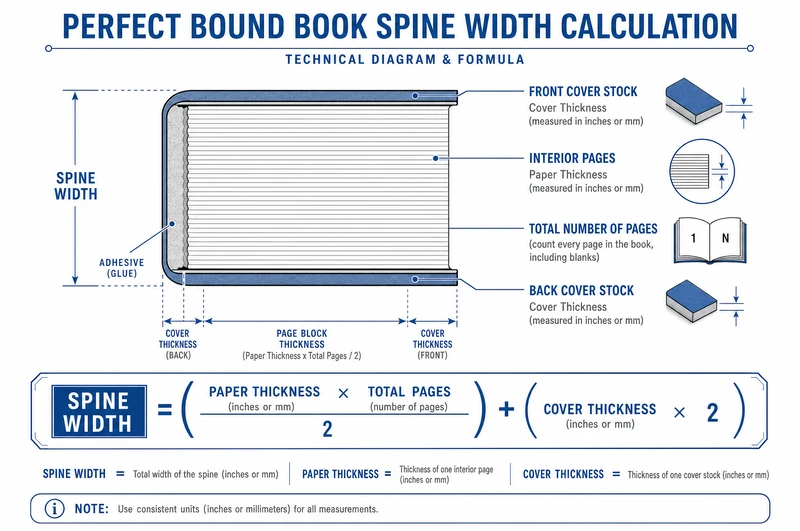 Spine width calculation diagram showing cross-section of a perfect bound book with labeled measurements and formula