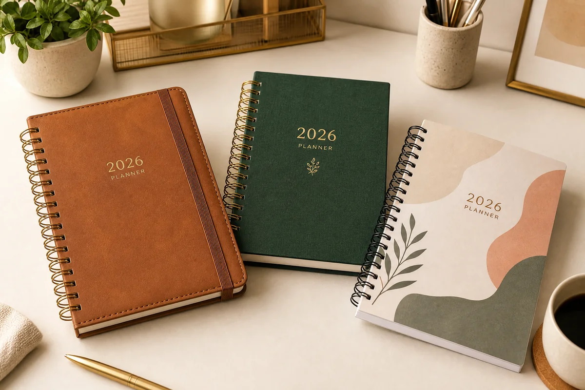Variety of custom printed planners with different cover materials and binding styles from a China printing factory