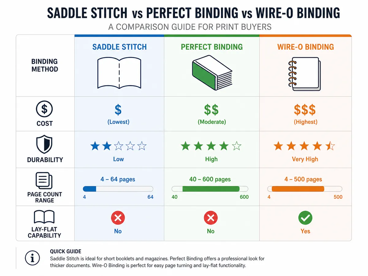 Comparison chart of saddle stitch binding versus perfect binding and wire-o across cost, durability, and page count factors