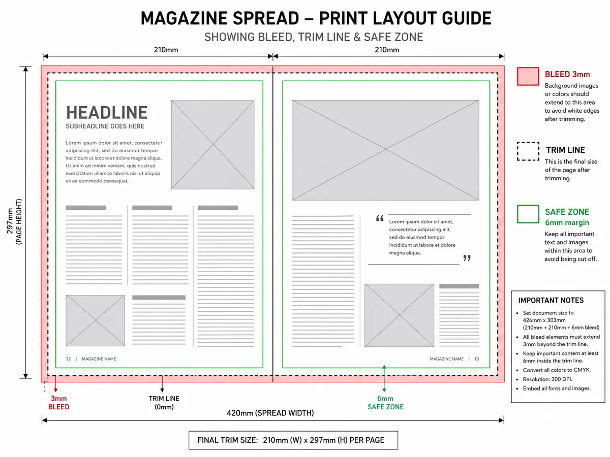 File preparation diagram showing bleed area, trim line, and safe zone margins for saddle stitch booklet layout