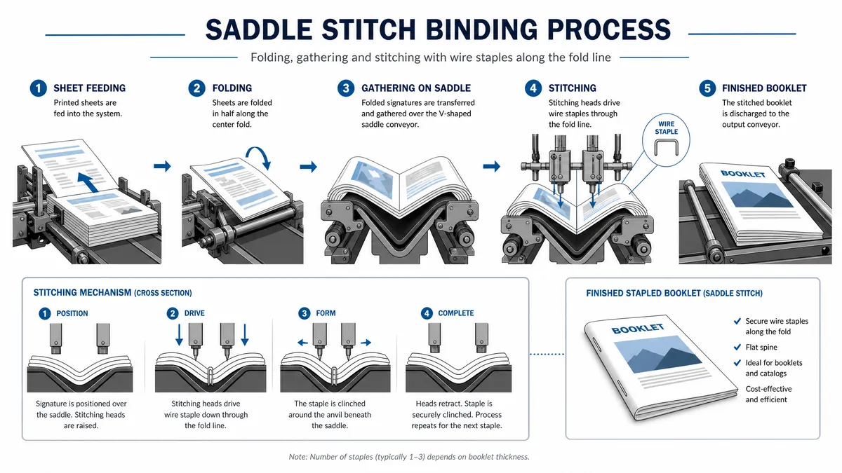 Saddle stitch binding process diagram showing folded signatures draped over the saddle conveyor