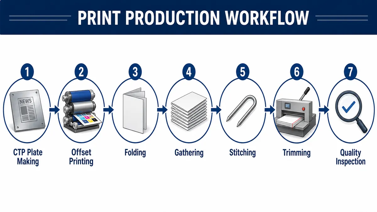 Saddle stitch production workflow from CTP plate-making through offset printing, folding, gathering, stitching, and final trimming