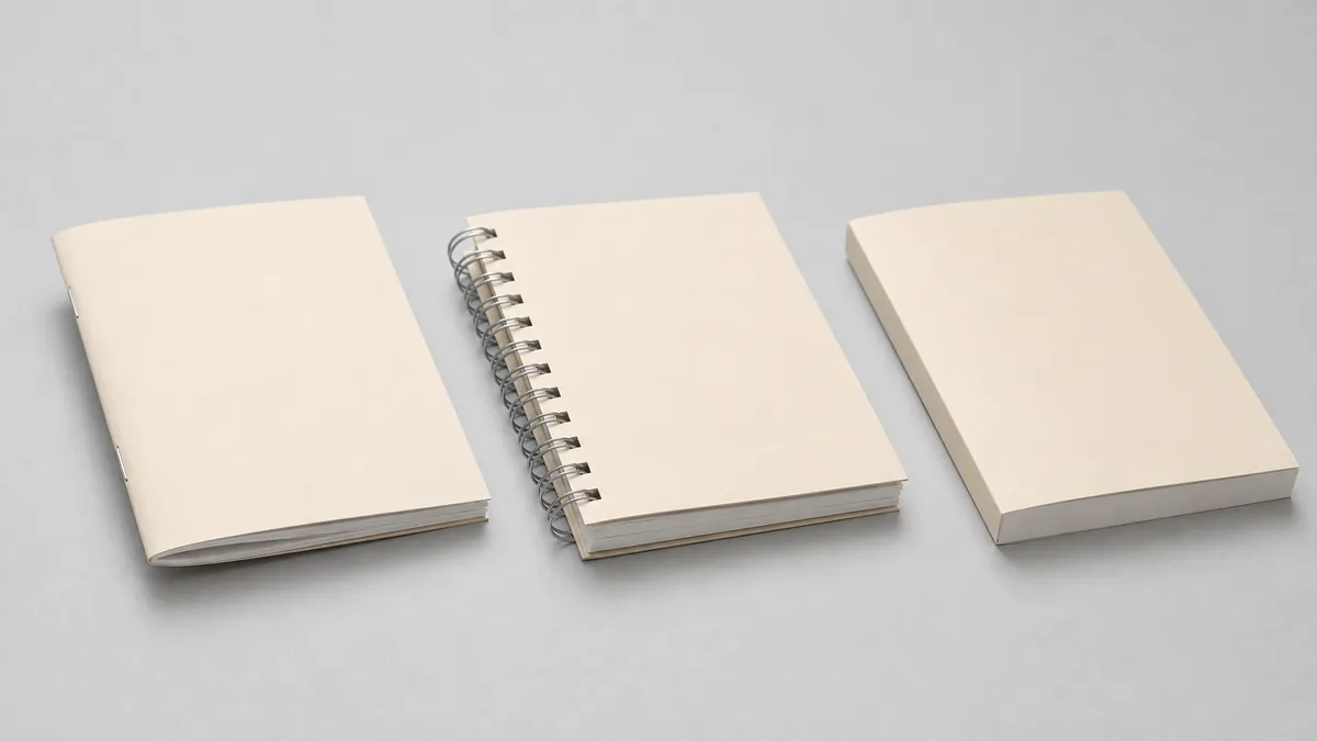 Side-by-side comparison of saddle stitch, loop stitch, and perfect binding methods with labeled spine details
